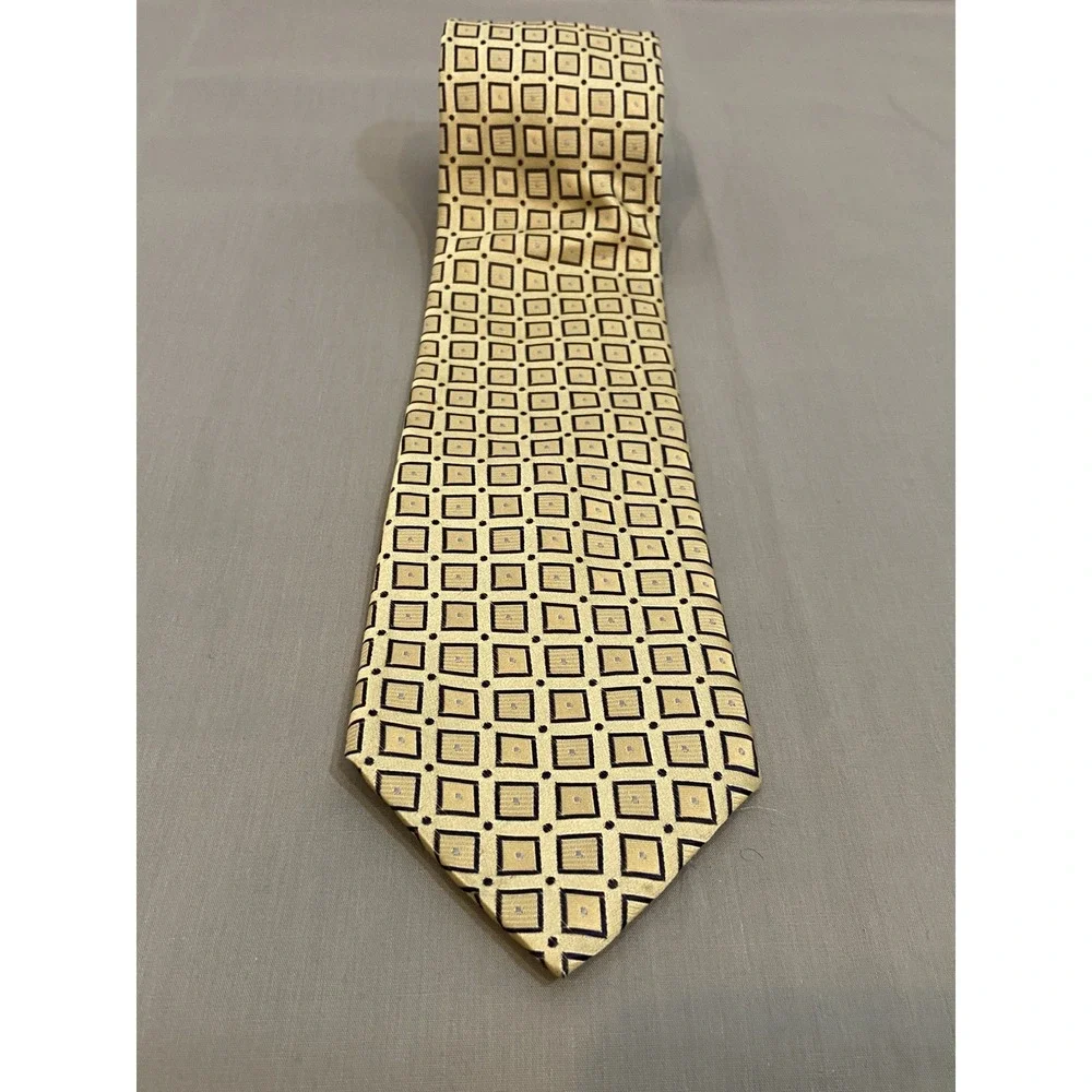 Tommy Hilfiger Necktie Yellow‎ Silk Geometric Repeating Square Motif 3.5